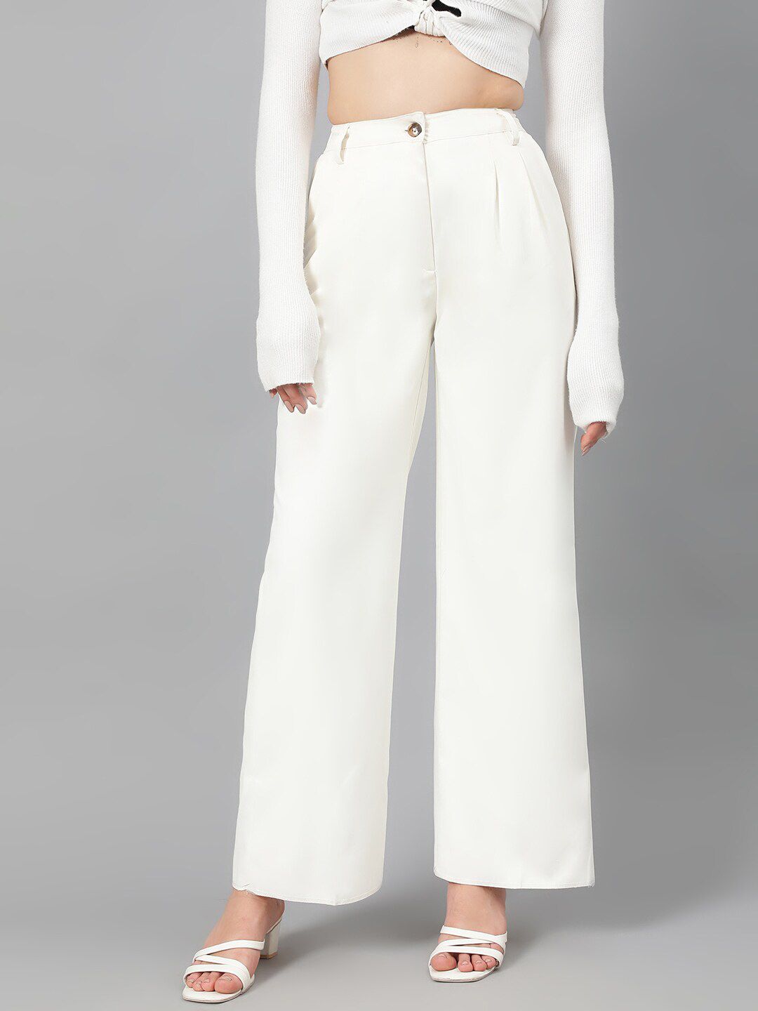 Kotty Women White Relaxed Straight Leg Fit High-Rise Easy Wash Parallel Trousers