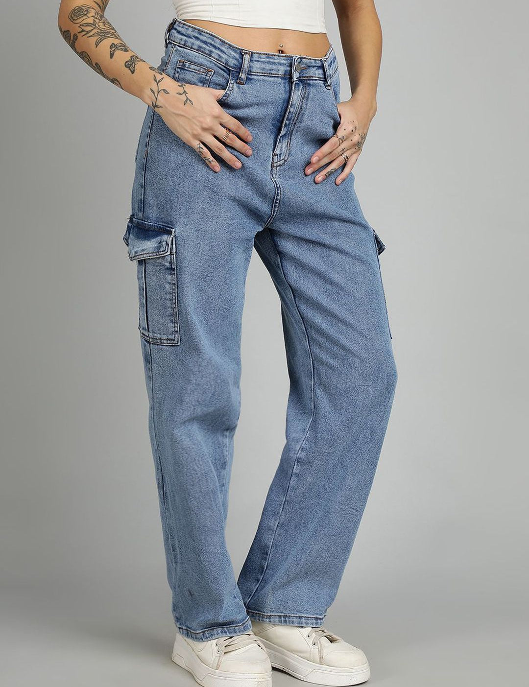 Kotty Women Straight Fit High-Rise Stretchable Cargo Styles Jeans