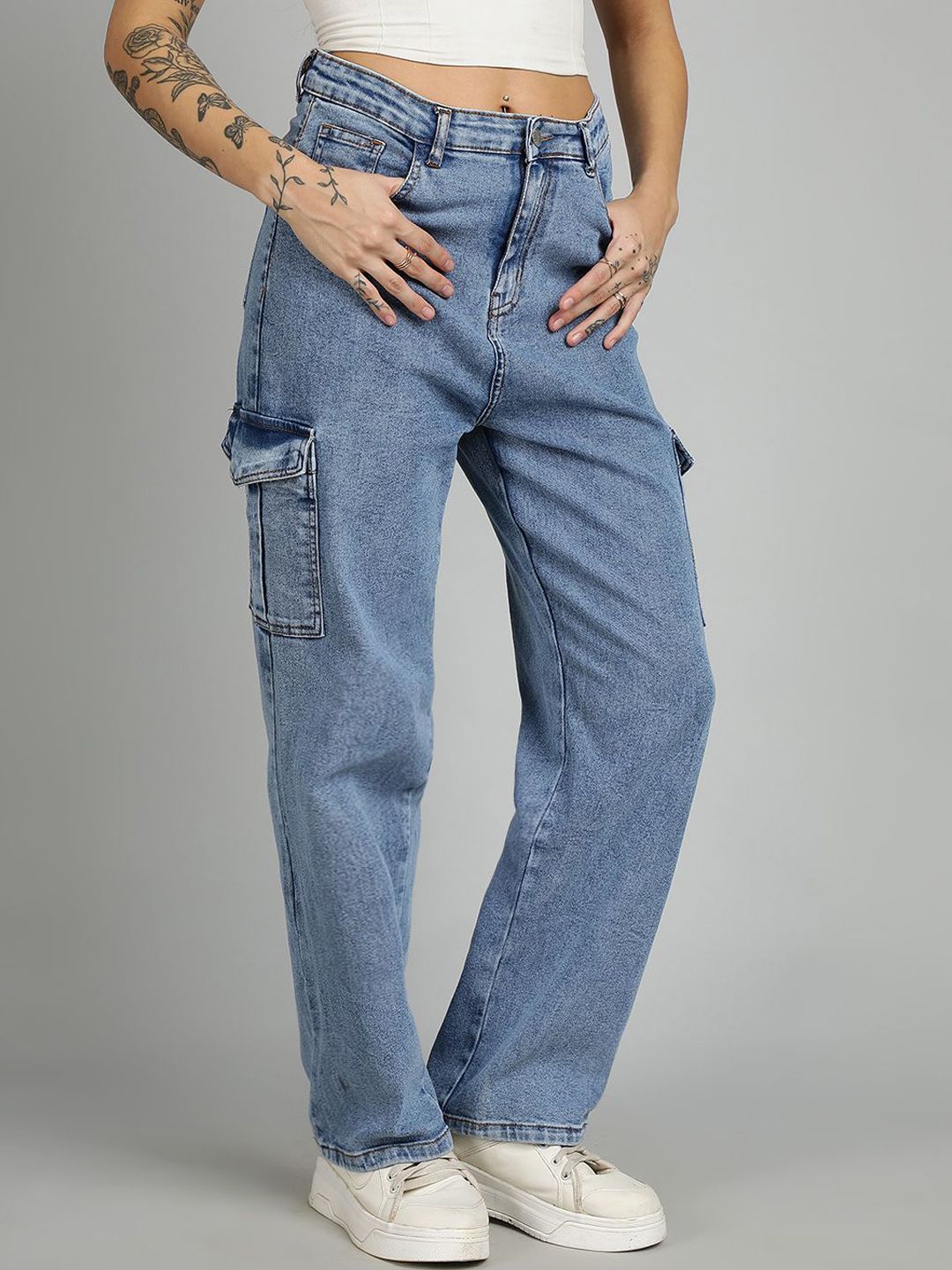 Kotty Women Straight Fit High-Rise Stretchable Cargo Styles Jeans