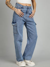 Kotty Women Straight Fit High-Rise Stretchable Cargo Styles Jeans