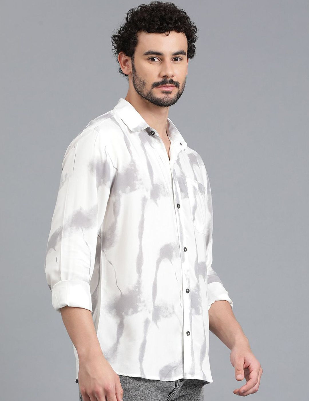 Kotty White & Grey Tie and Dye Spread Collar Relaxed Fit Casual Shirt