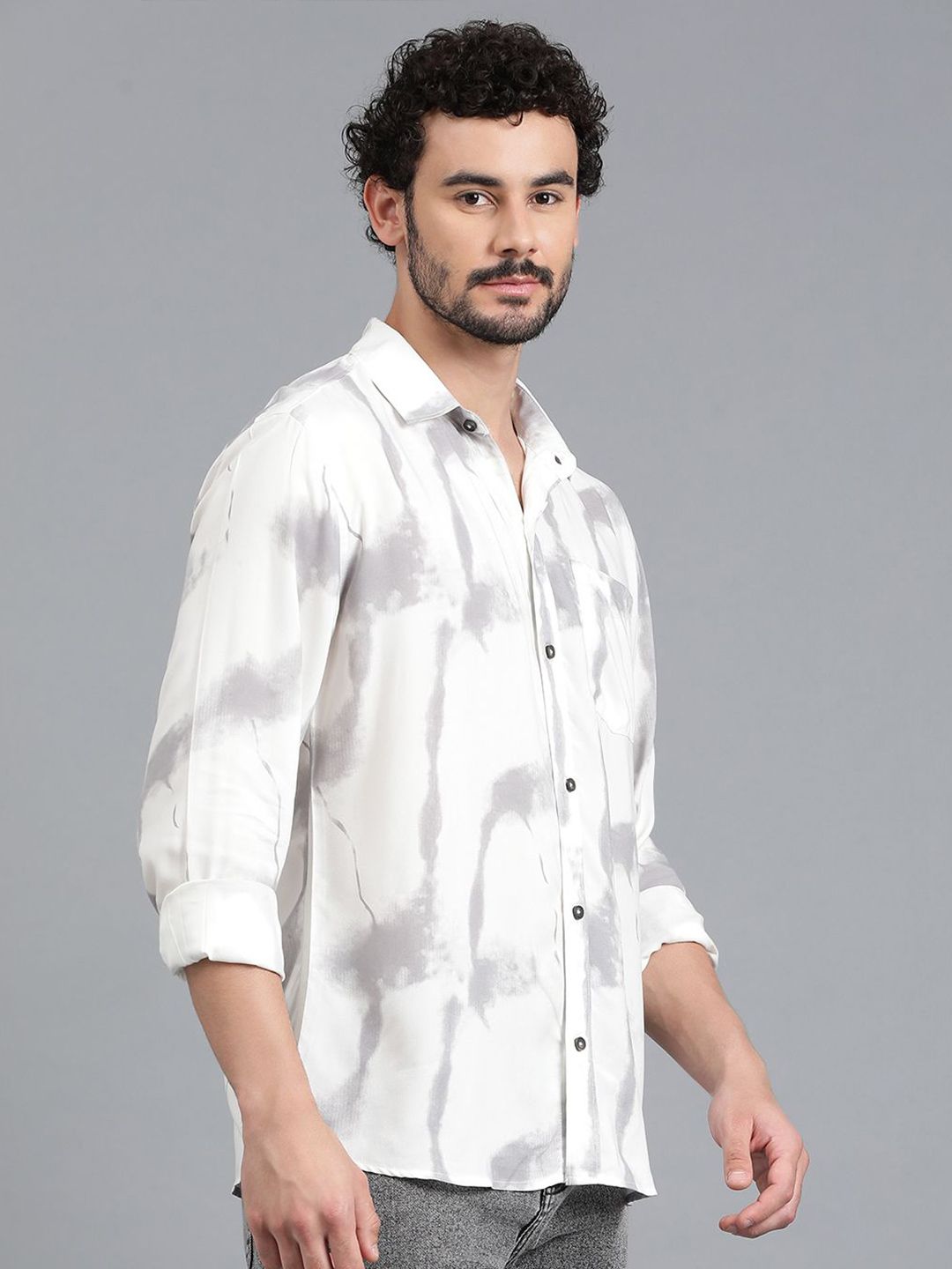 Kotty White & Grey Tie and Dye Spread Collar Relaxed Fit Casual Shirt