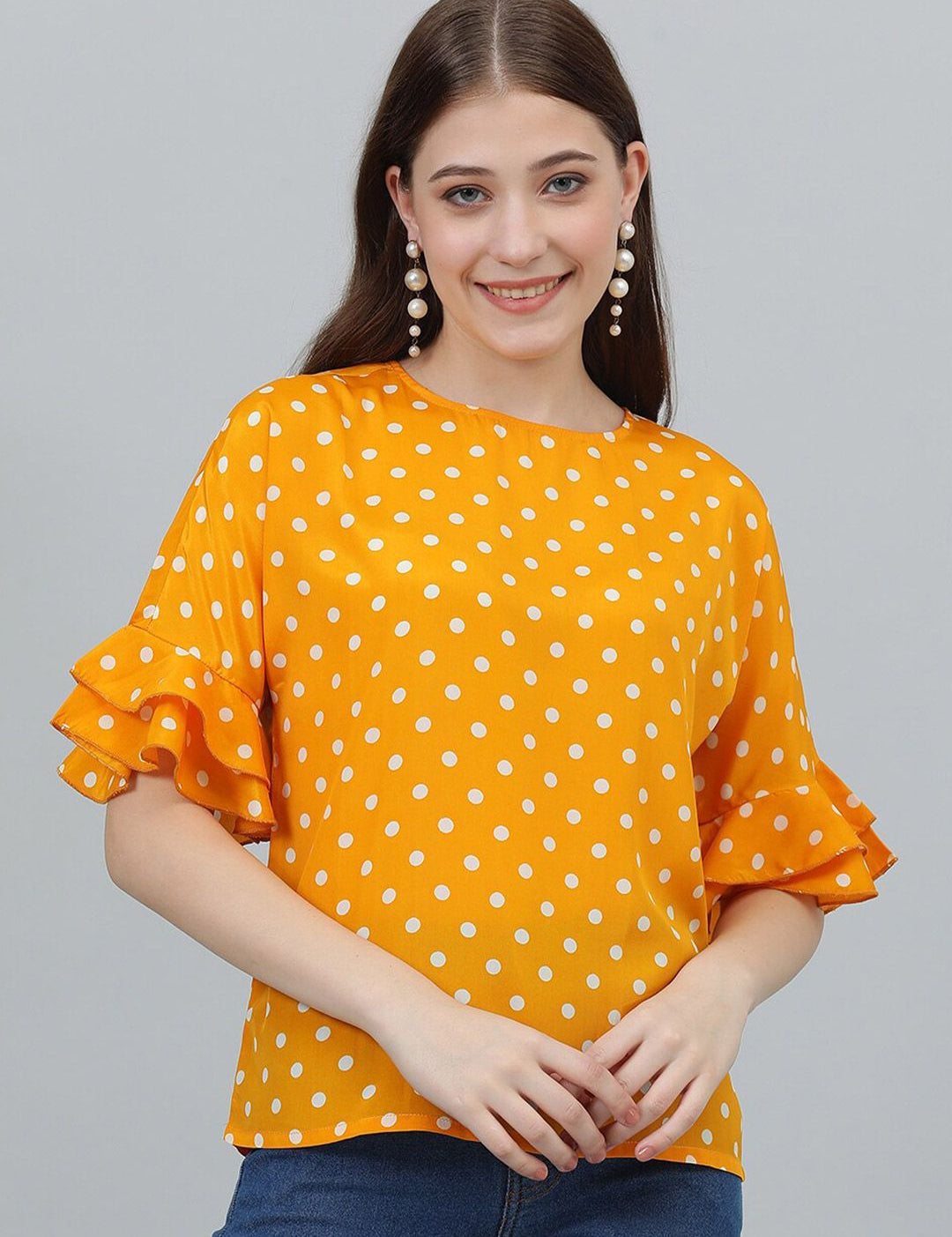 Kotty Yellow Polka Dot Print Flared Sleeve Satin Top