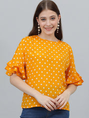 Kotty Yellow Polka Dot Print Flared Sleeve Satin Top