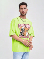 Kotty Men Printed Drop-Shoulder Sleeves Raw Edge T-shirt