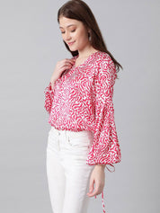 Kotty Red & White Animal Printed Puff Sleeve Satin Blouson Top