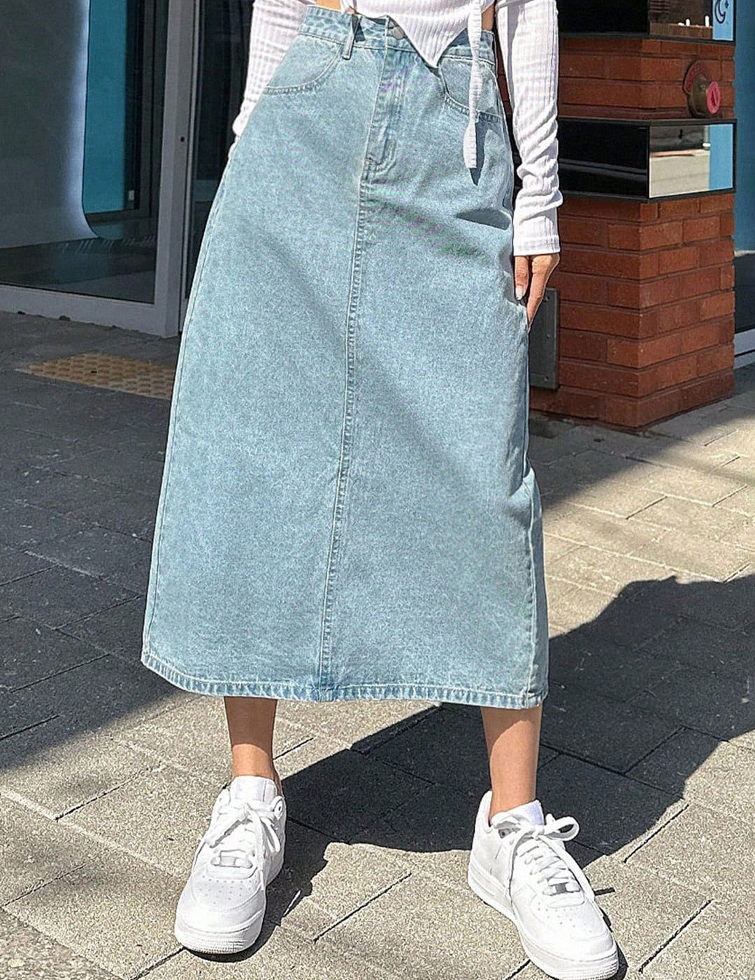 KOTTY Basics Straight Denim Midi Skirt