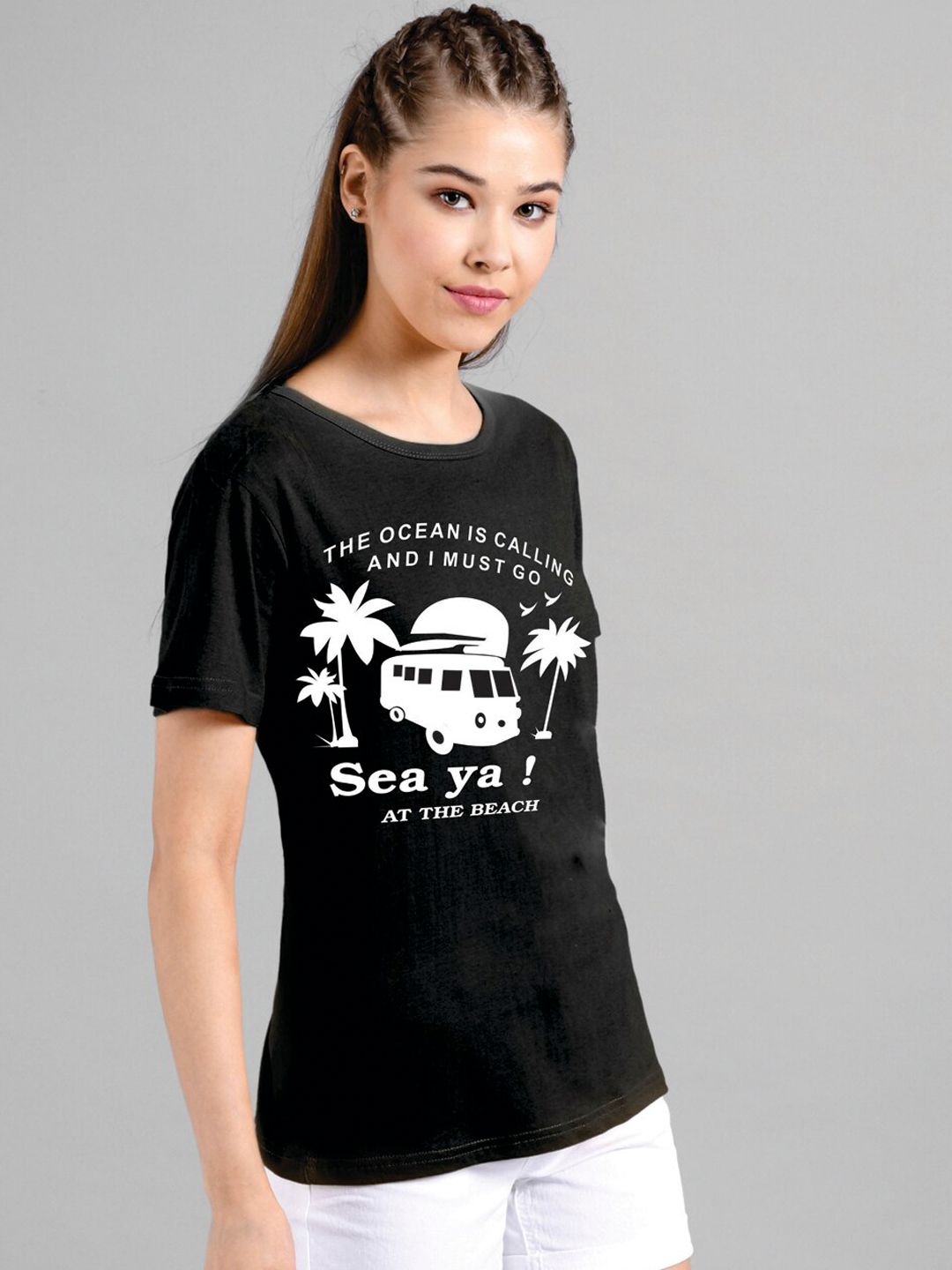 Kotty Women Black Printed Round Neck T-shirt