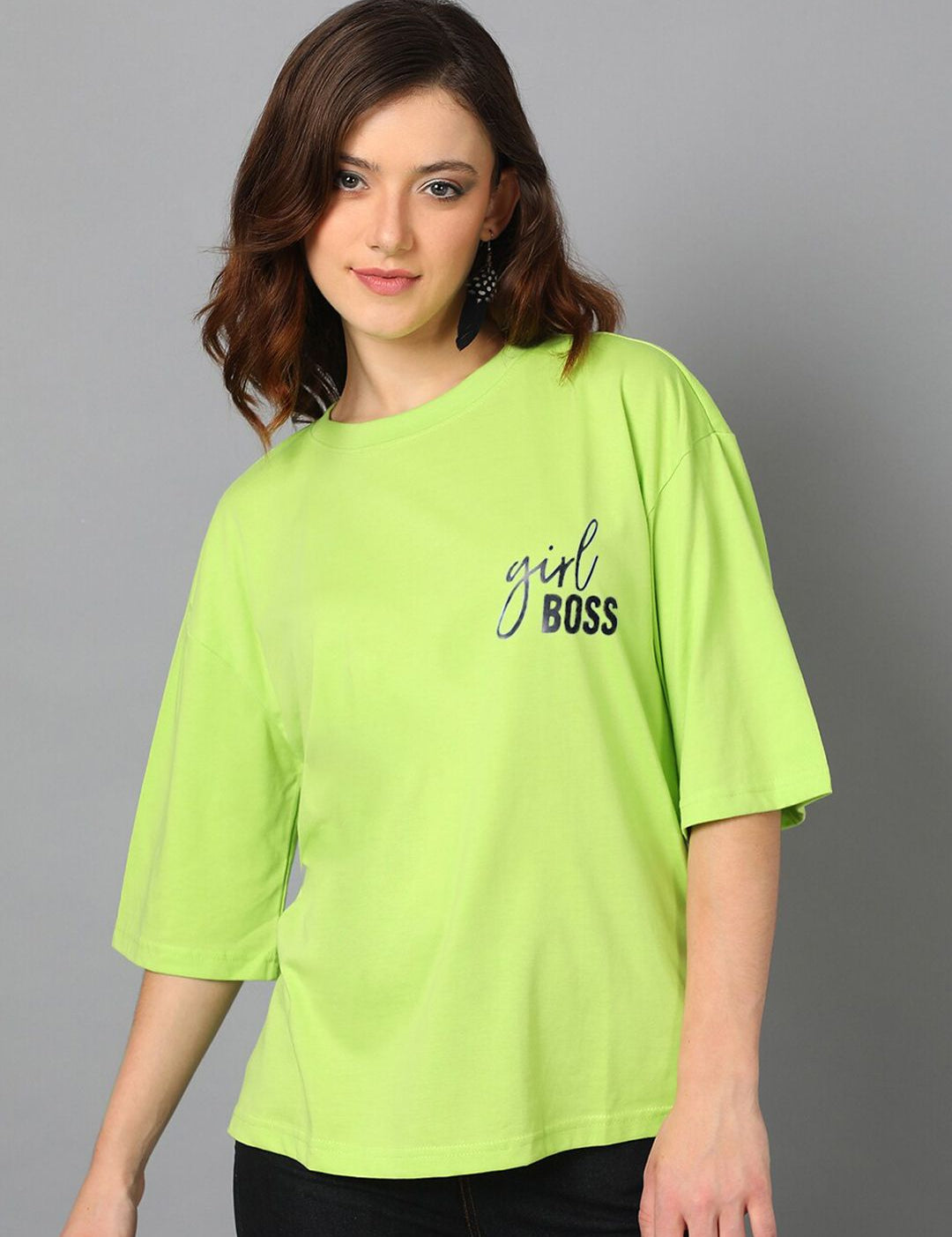 Kotty Green Typography Printed Drop-Shoulder Sleeves Oversized T-shirt