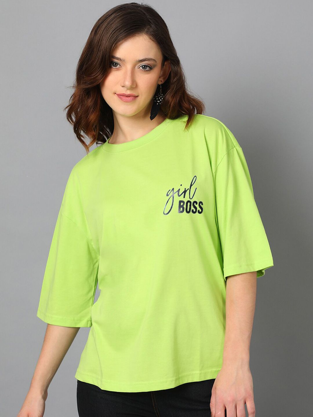 Kotty Green Typography Printed Drop-Shoulder Sleeves Oversized T-shirt