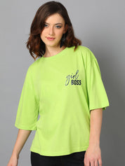 Kotty Green Typography Printed Drop-Shoulder Sleeves Oversized T-shirt