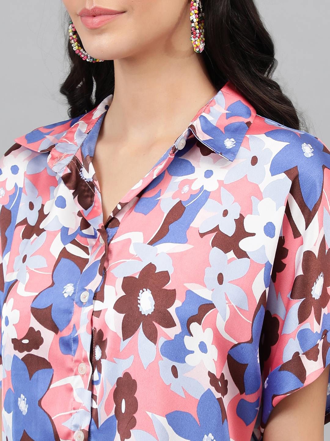 Kotty White & Blue Floral Printed Satin Shirt Style Top