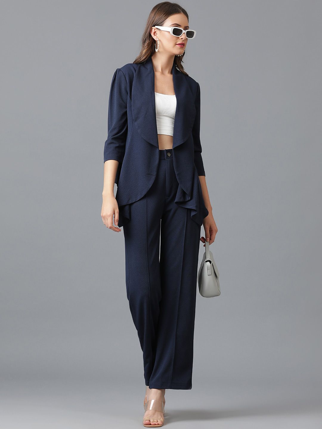 KOTTY BIZwear Navy Blue Shawl Neck Coat With Trousers