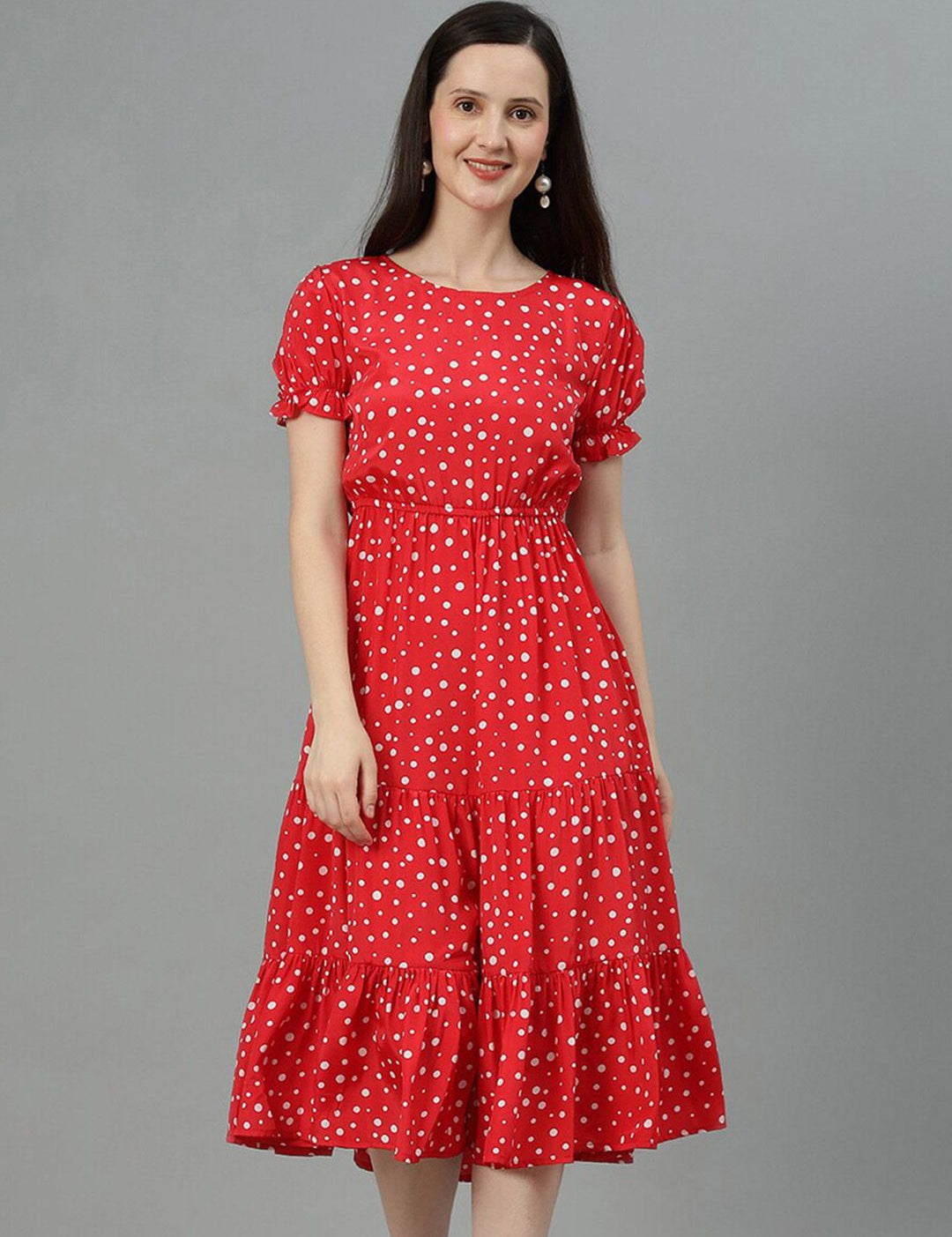 Kotty Red Polka Dot Print Puff Sleeve Fit & Flare Midi Dress