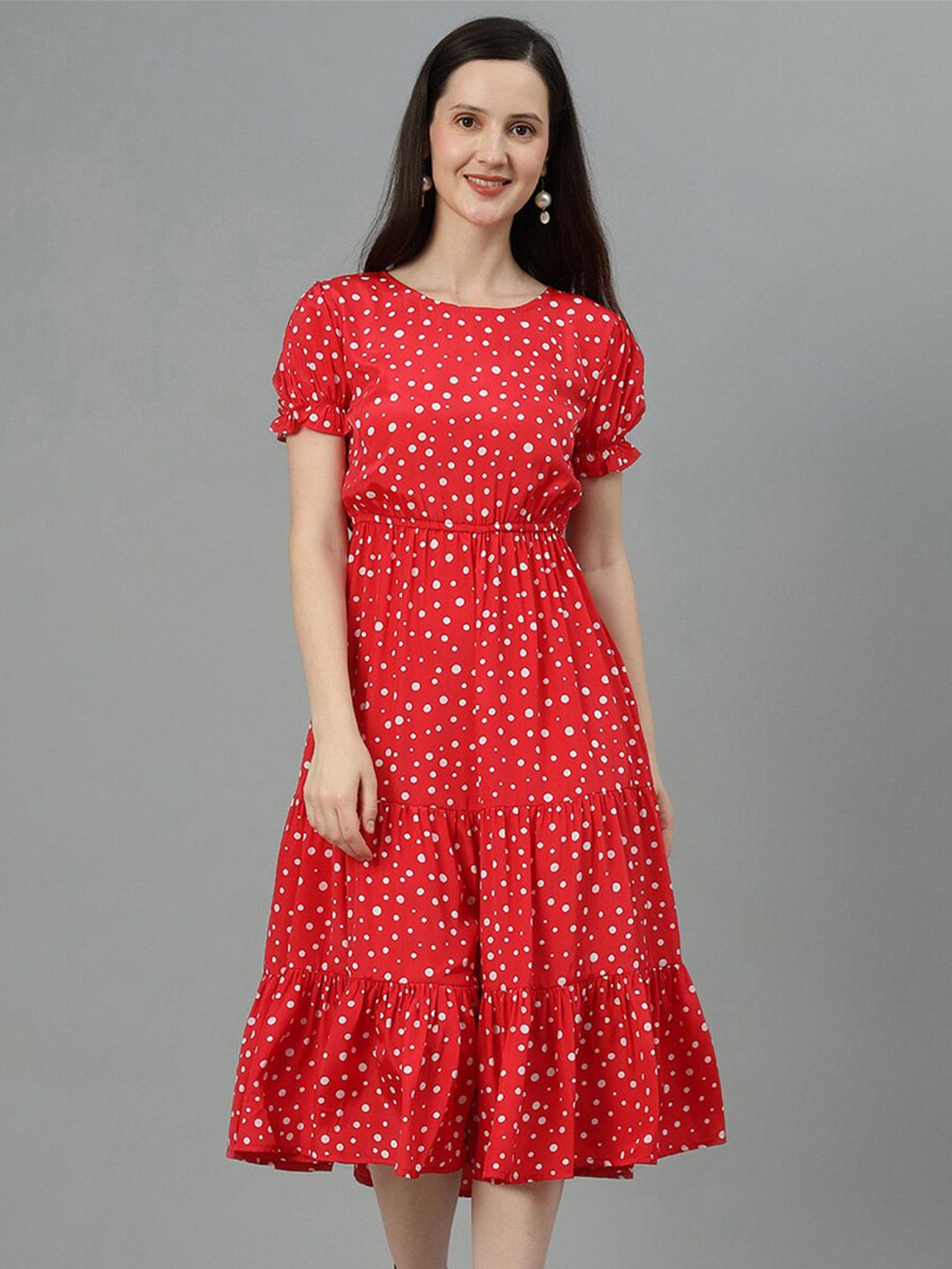 Kotty Red Polka Dot Print Puff Sleeve Fit & Flare Midi Dress