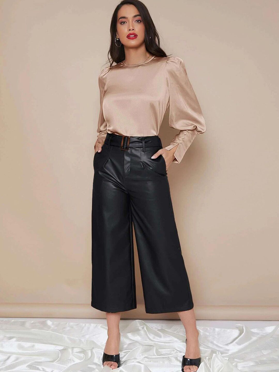 KOTTY BIZwear Beige Puff Sleeves Satin Top