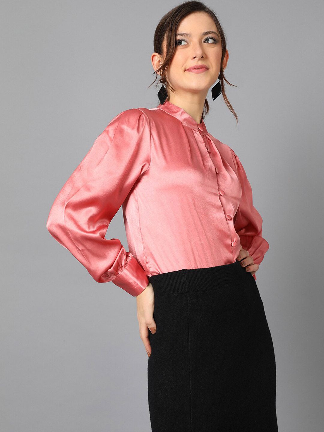 Kotty Pink Cuffed Sleeves Satin Shirt Style Top
