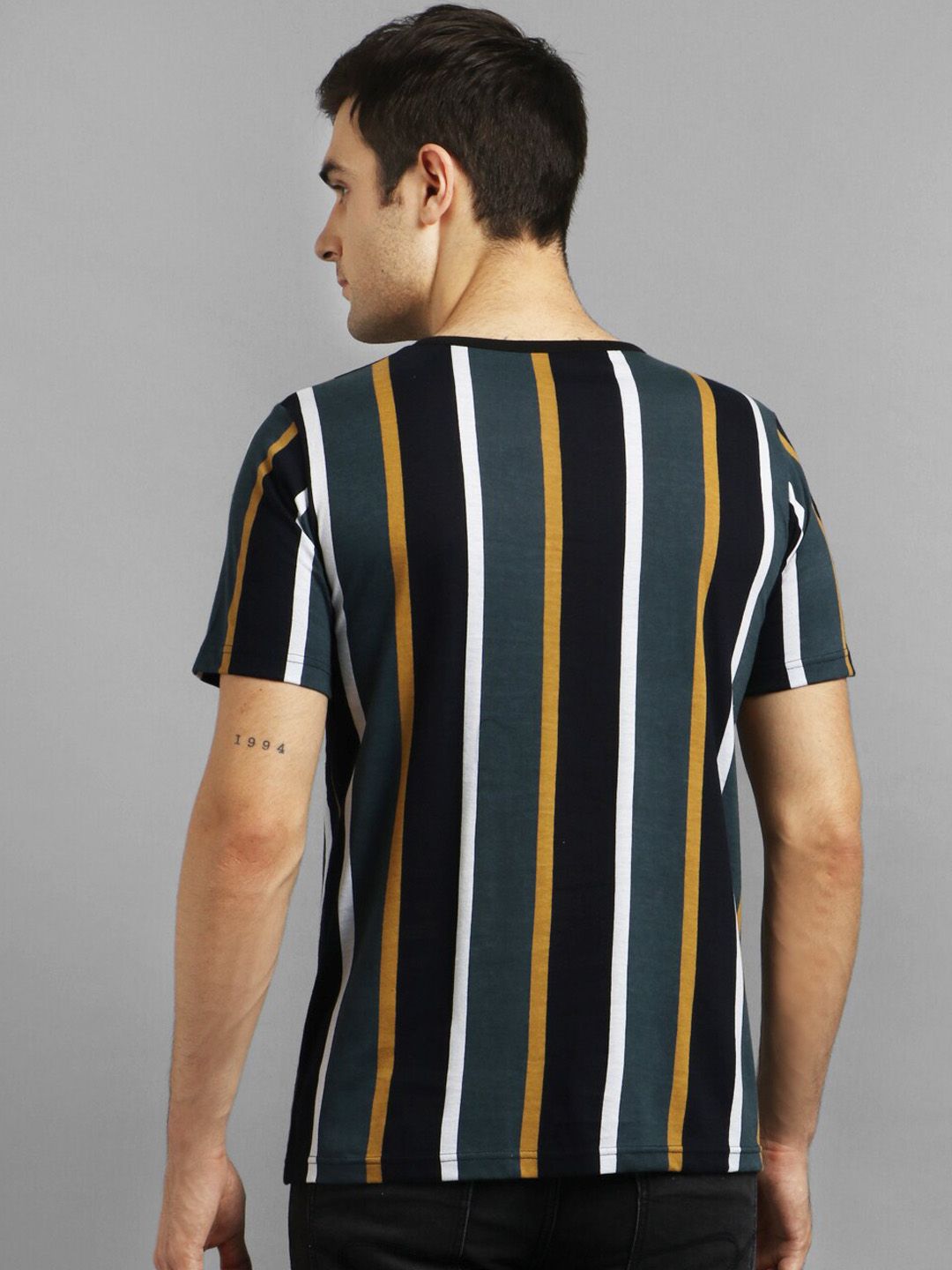 Kotty Men Grey & Black Striped Round Neck T-shirt