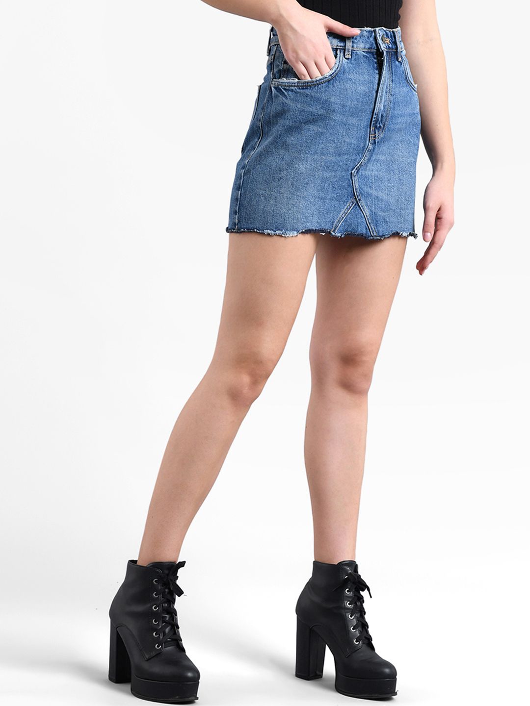Kotty Women Blue Solid Denim Mini Straight Skirt