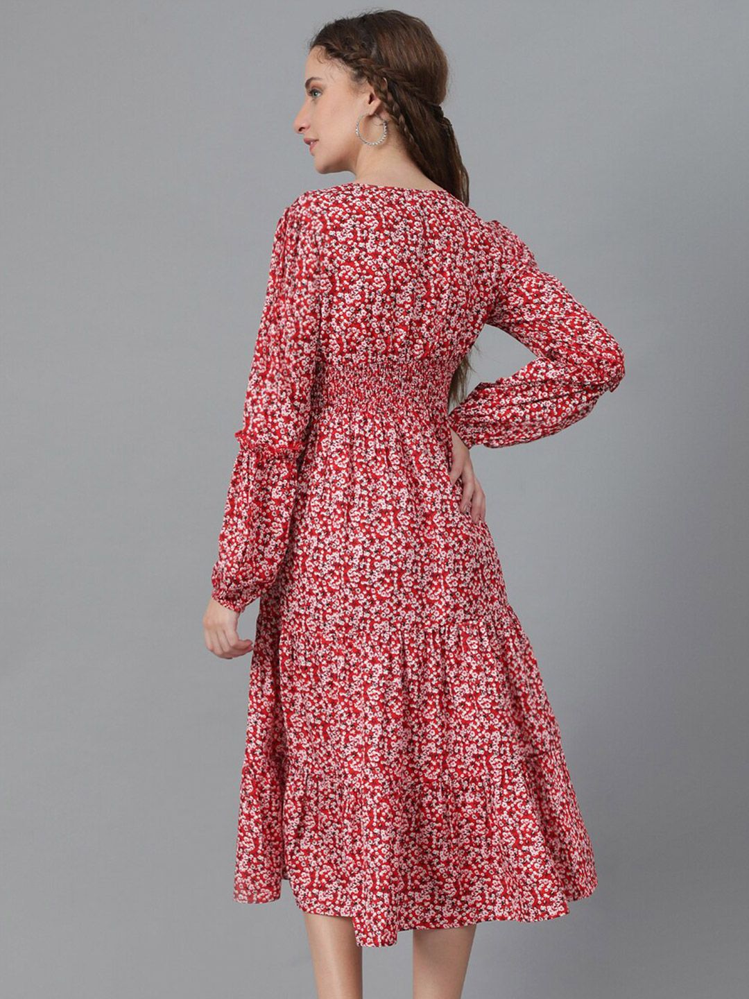 Kotty Red Floral Print Puff Sleeve Fit & Flare Midi Dress