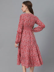 Kotty Red Floral Print Puff Sleeve Fit & Flare Midi Dress