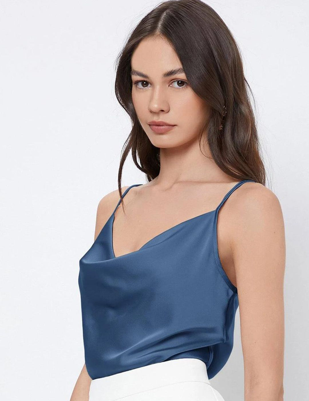 Kotty Blue Cowl Neck Sleeveless Satin Top