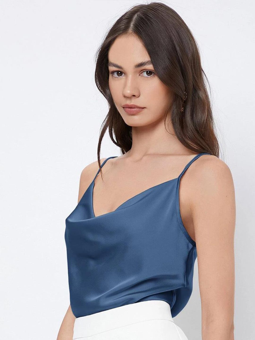 Kotty Blue Cowl Neck Sleeveless Satin Top