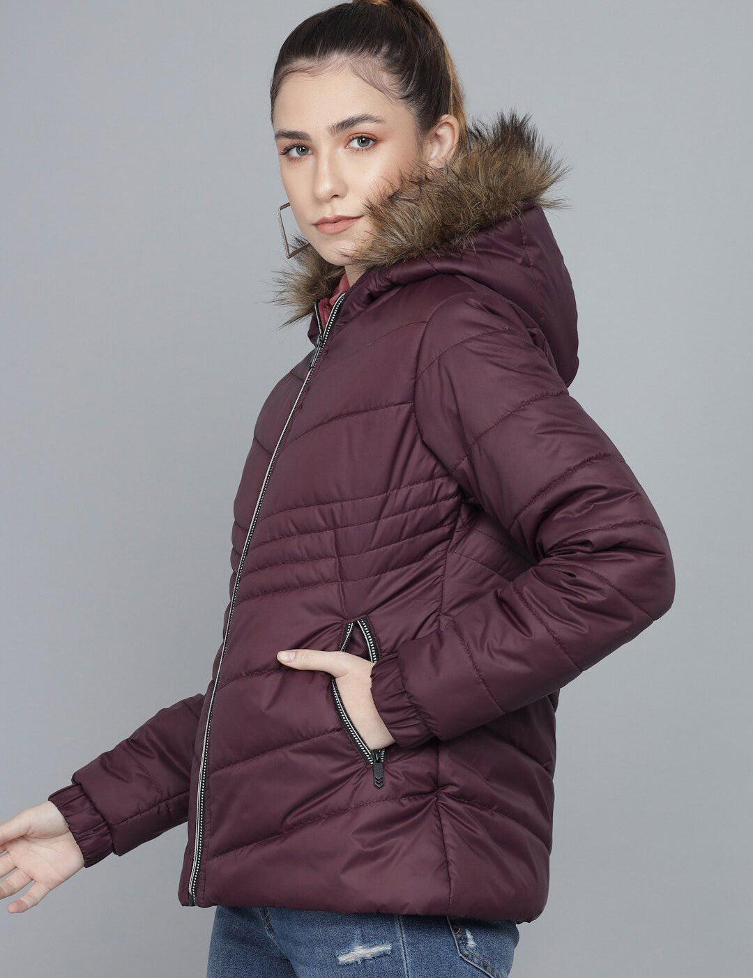 Kotty Women Purple Striped Lightweight Longline Puffer Jacket