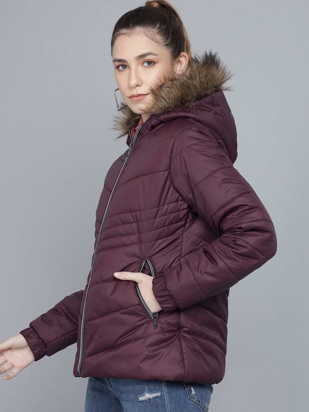Kotty Women Purple Striped Lightweight Longline Puffer Jacket