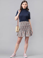Kotty Grey Floral Printed A-line Skirt