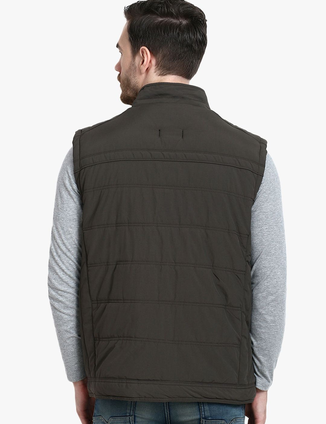 Kotty Men Olive Green Solid Padded Sleeveless Jacket