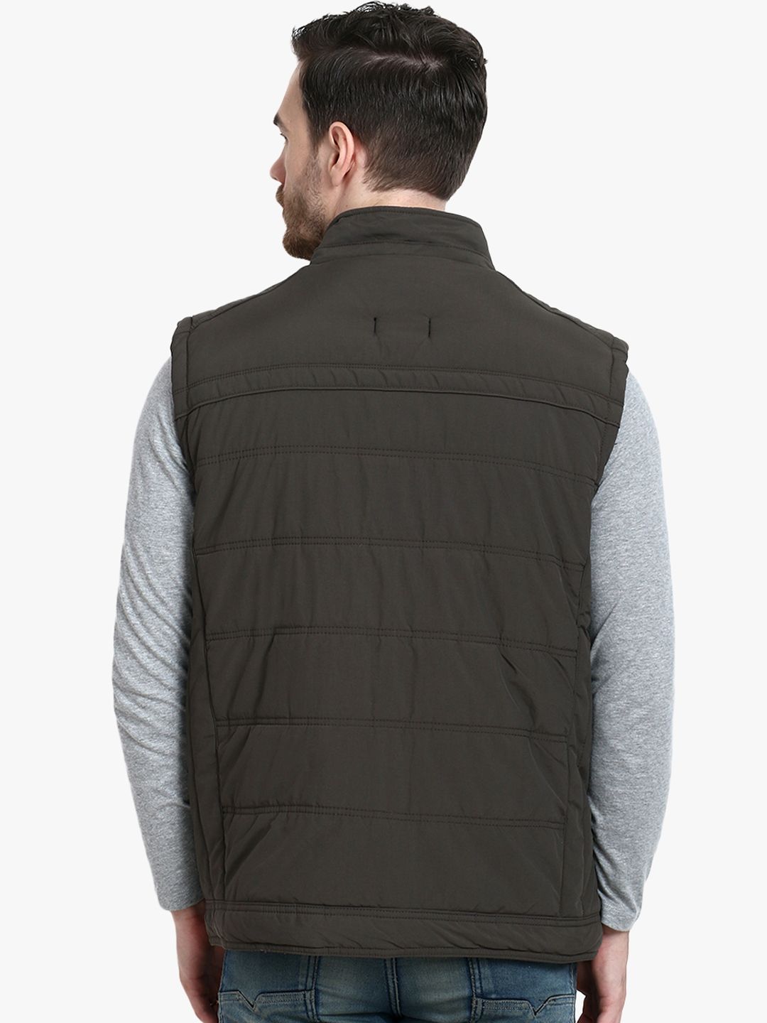 Kotty Men Olive Green Solid Padded Sleeveless Jacket