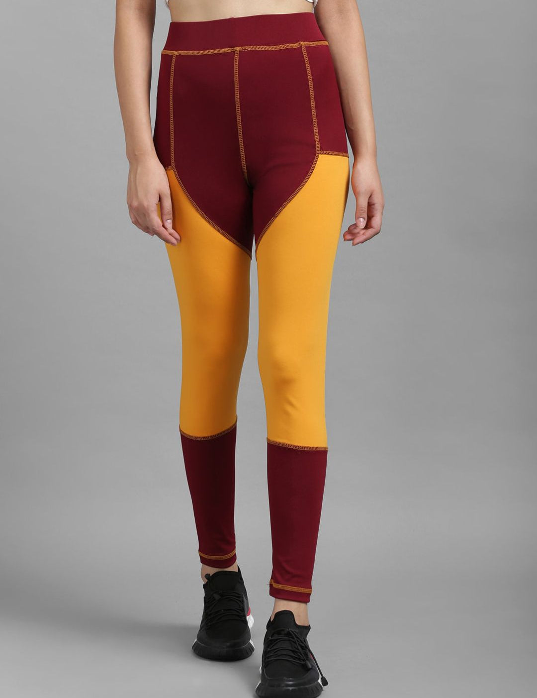 Kotty Women Yellow & Maroon Colourblocked Tights