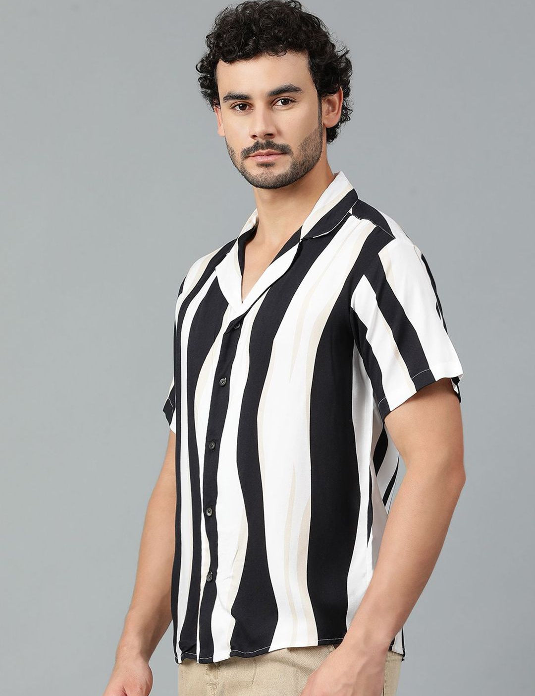 Kotty Men Cuban Collar Striped Casual Shirt