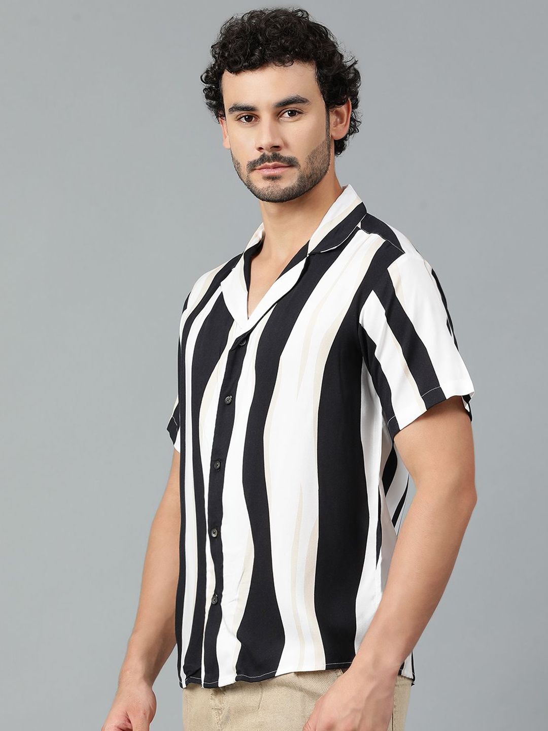 Kotty Men Cuban Collar Striped Casual Shirt
