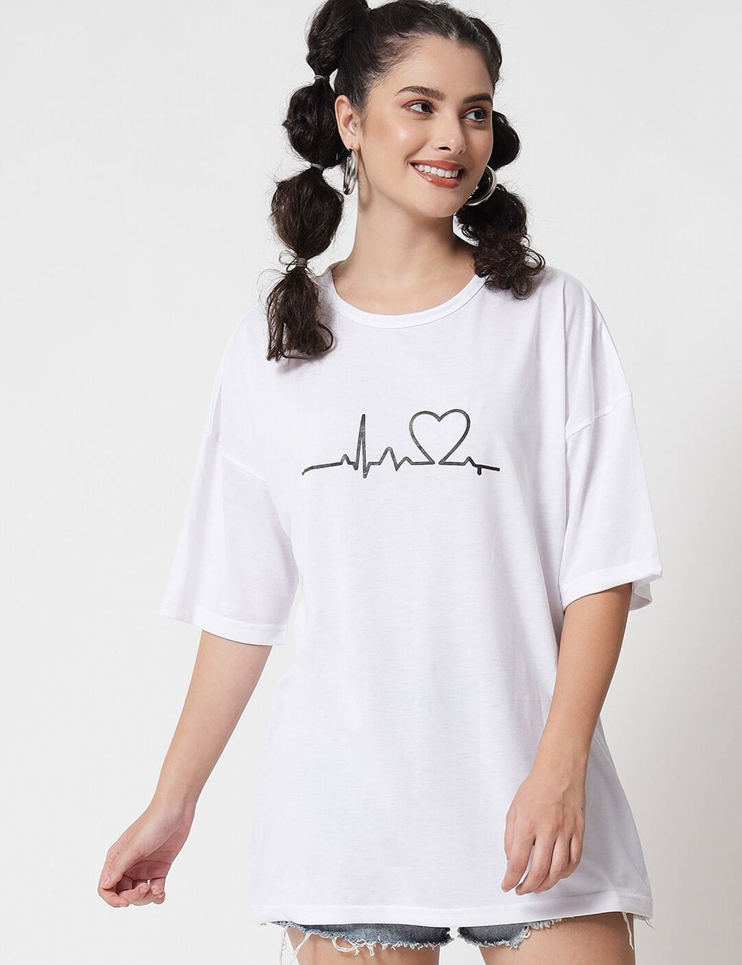 Kotty Women White Typography Printed Drop-Shoulder Sleeves Oversized T-shirt