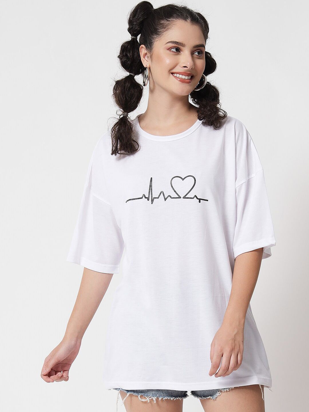 Kotty Women White Typography Printed Drop-Shoulder Sleeves Oversized T-shirt