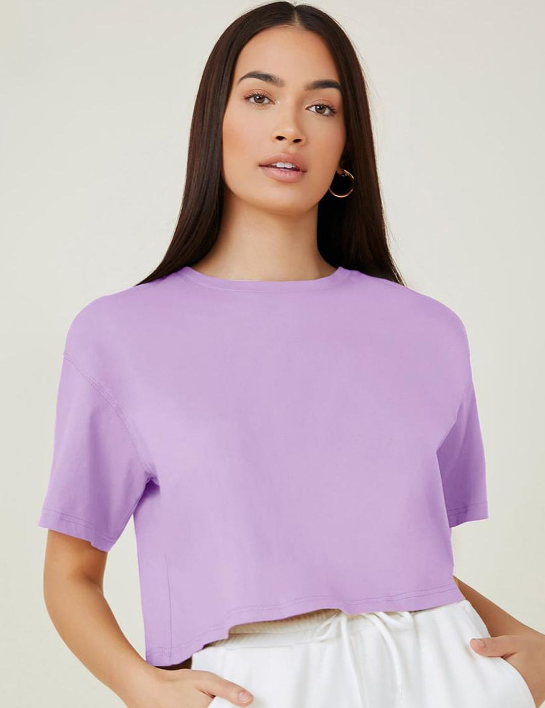KOTTY Basics Purple Round Neck Drop-Shoulder Sleeves Crop Oversized T-shirt