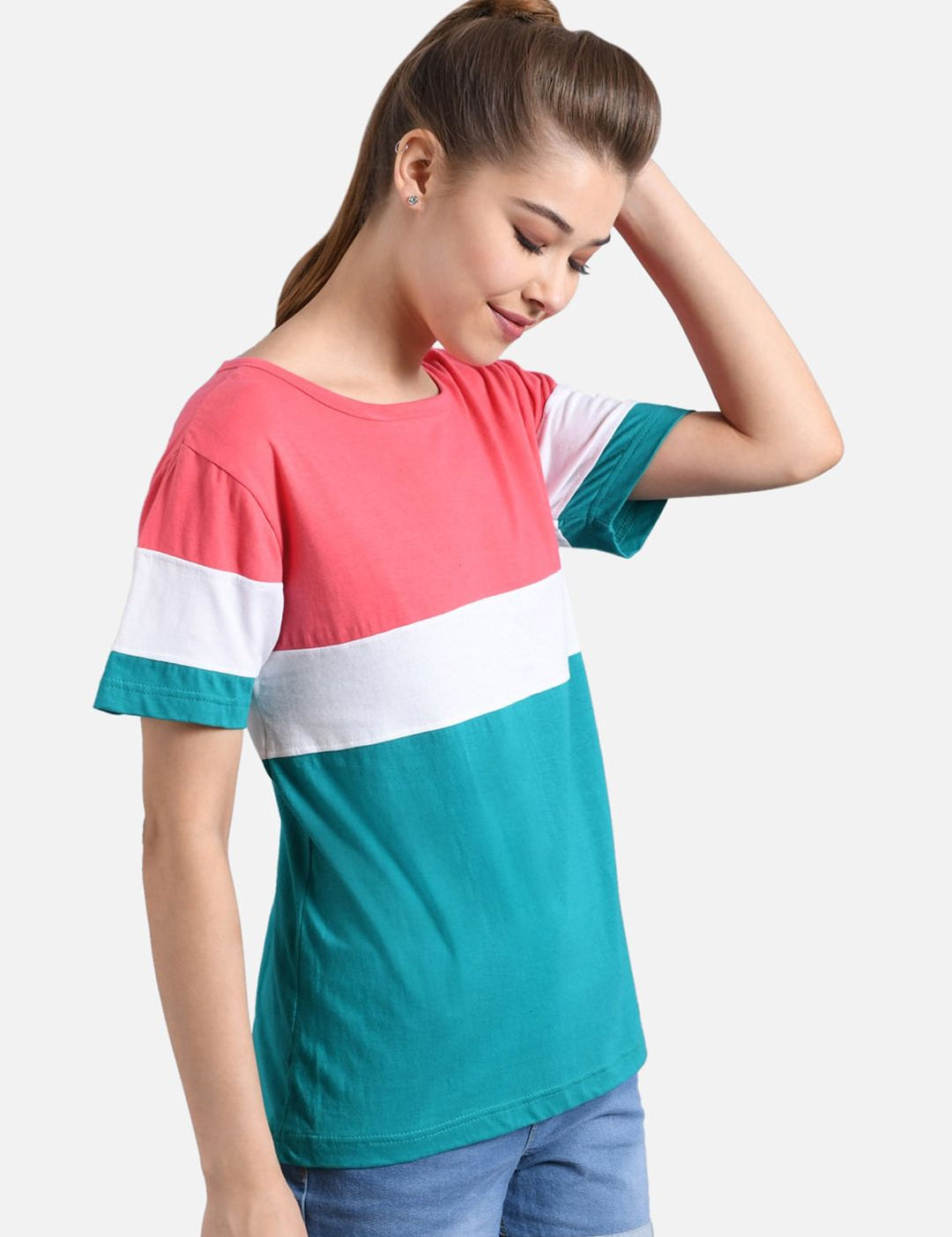 Kotty Women Teal Green & Peach-Coloured Colourblocked Round Neck T-shirt