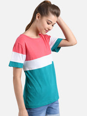 Kotty Women Teal Green & Peach-Coloured Colourblocked Round Neck T-shirt