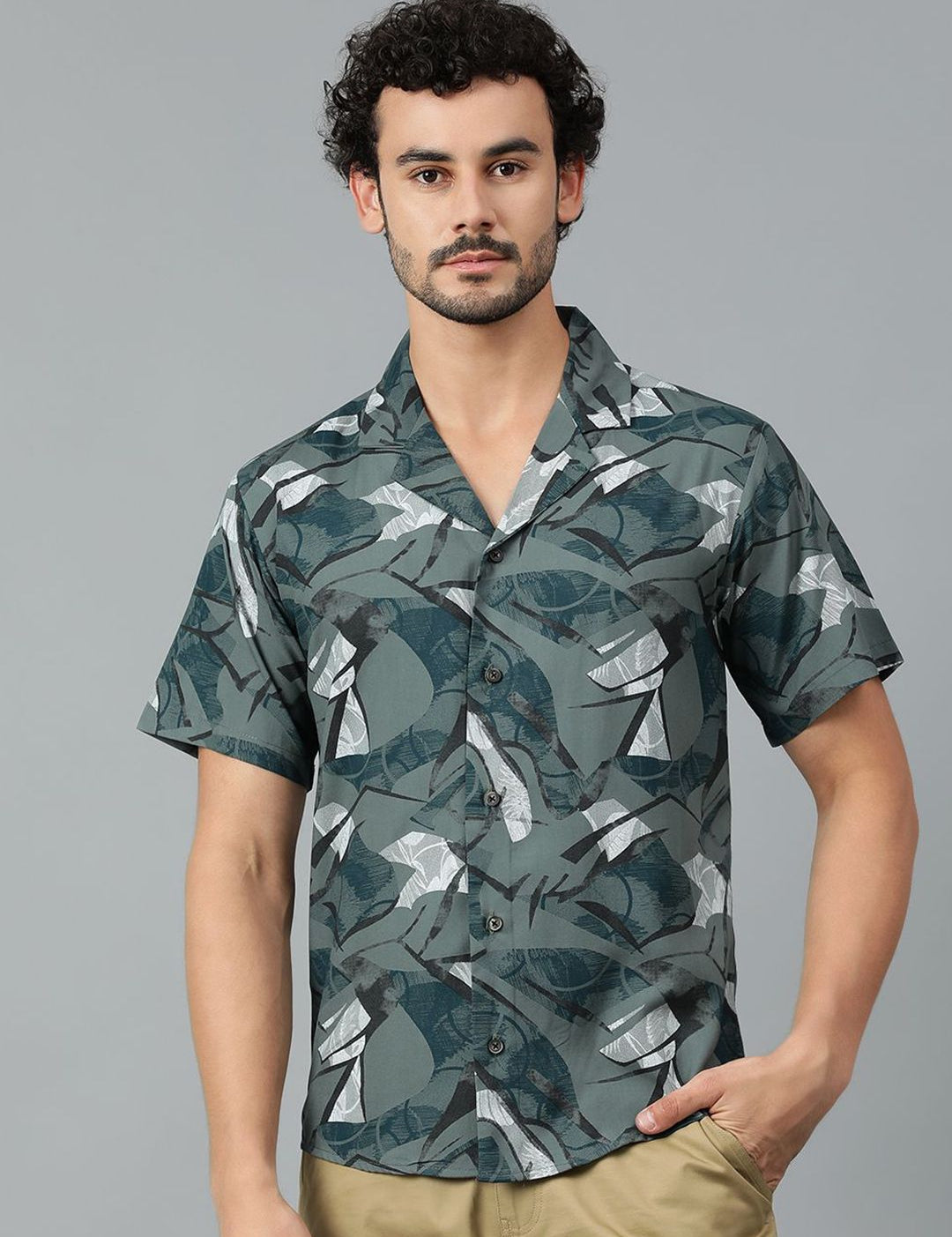 Kotty Men Cuban Collar Abstract Printed Casual Shirt