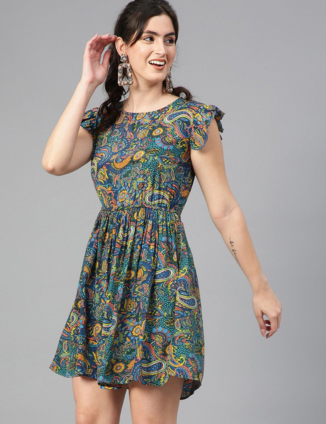 Kotty Floral Printed Flutter Sleeves Fit & Flare Dress