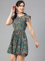 Kotty Floral Printed Flutter Sleeves Fit & Flare Dress