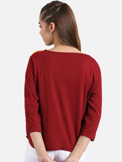 Kotty Women Maroon & Orange Colourblocked Round Neck T-shirt
