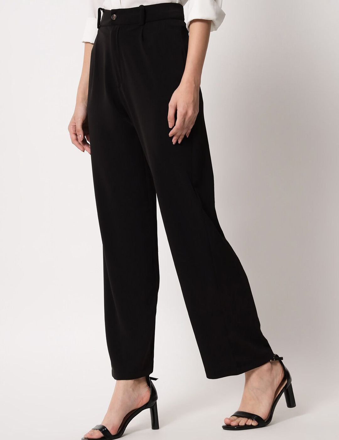 KOTTY BIZwear Women Black Relaxed Straight Leg Straight Fit High-Rise Easy Wash Pleated Trousers