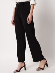 KOTTY BIZwear Women Black Relaxed Straight Leg Straight Fit High-Rise Easy Wash Pleated Trousers