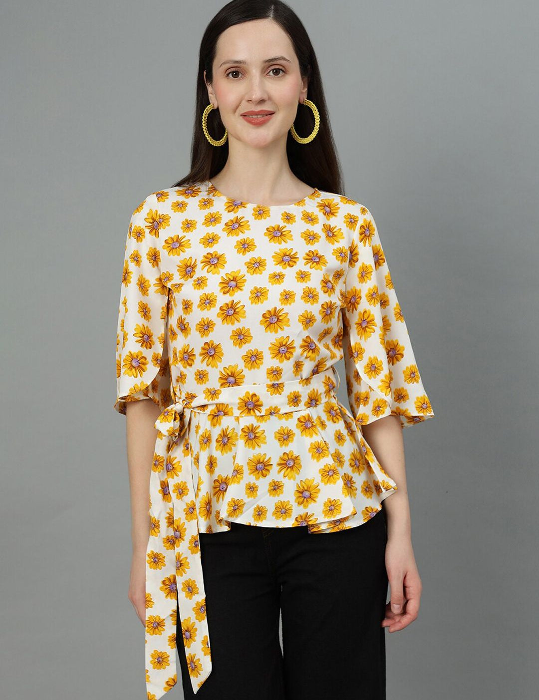 Kotty Floral Print Flared Sleeve Crepe Cinched Waist Top