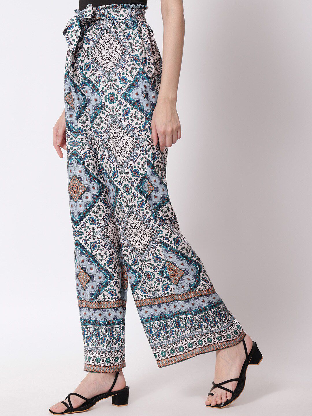 Kotty Women Blue and White Ethnic Motifs Printed Relaxed High-Rise Easy Wash Trousers