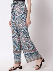 Kotty Women Blue and White Ethnic Motifs Printed Relaxed High-Rise Easy Wash Trousers