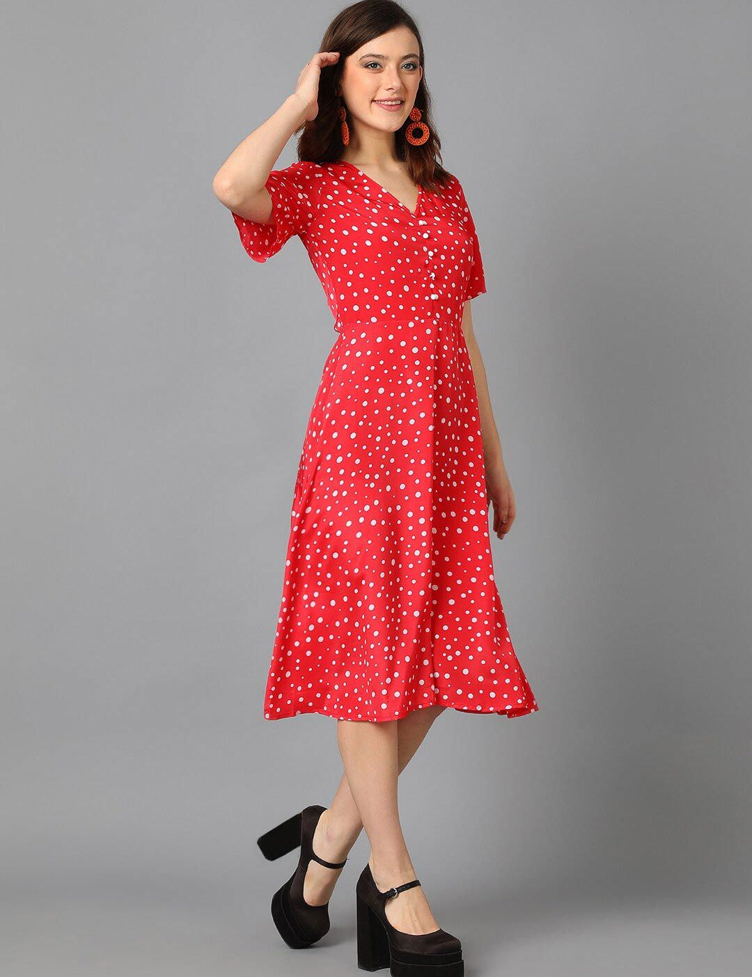 Kotty Red & White Abstract Printed A-Line Midi Dress